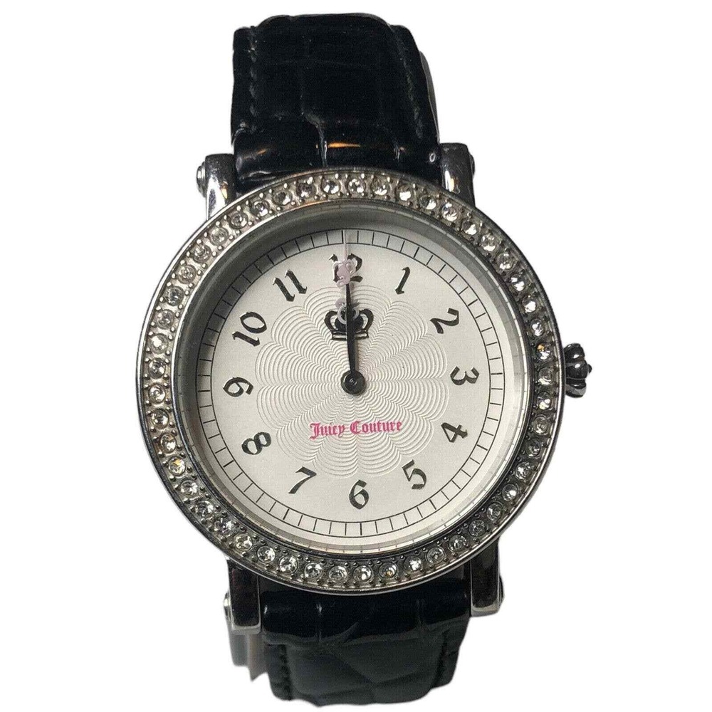Juicy Couture Women's Watch Black Leather‎ Band Rhinestone Bezel Crown Logo